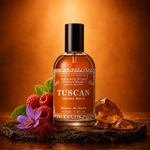 Bottle of Tuscan leather batch perfume on a wooden post with a blurred background of a person on a horse.