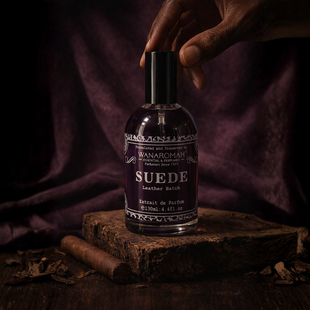 Bottle of 'Suede' perfume by Wanarom on a wooden surface with a dark background