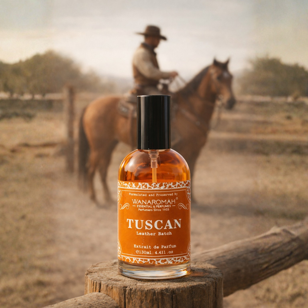 Bottle of Tuscan leather batch perfume on a wooden post with a blurred background of a person on a horse.
