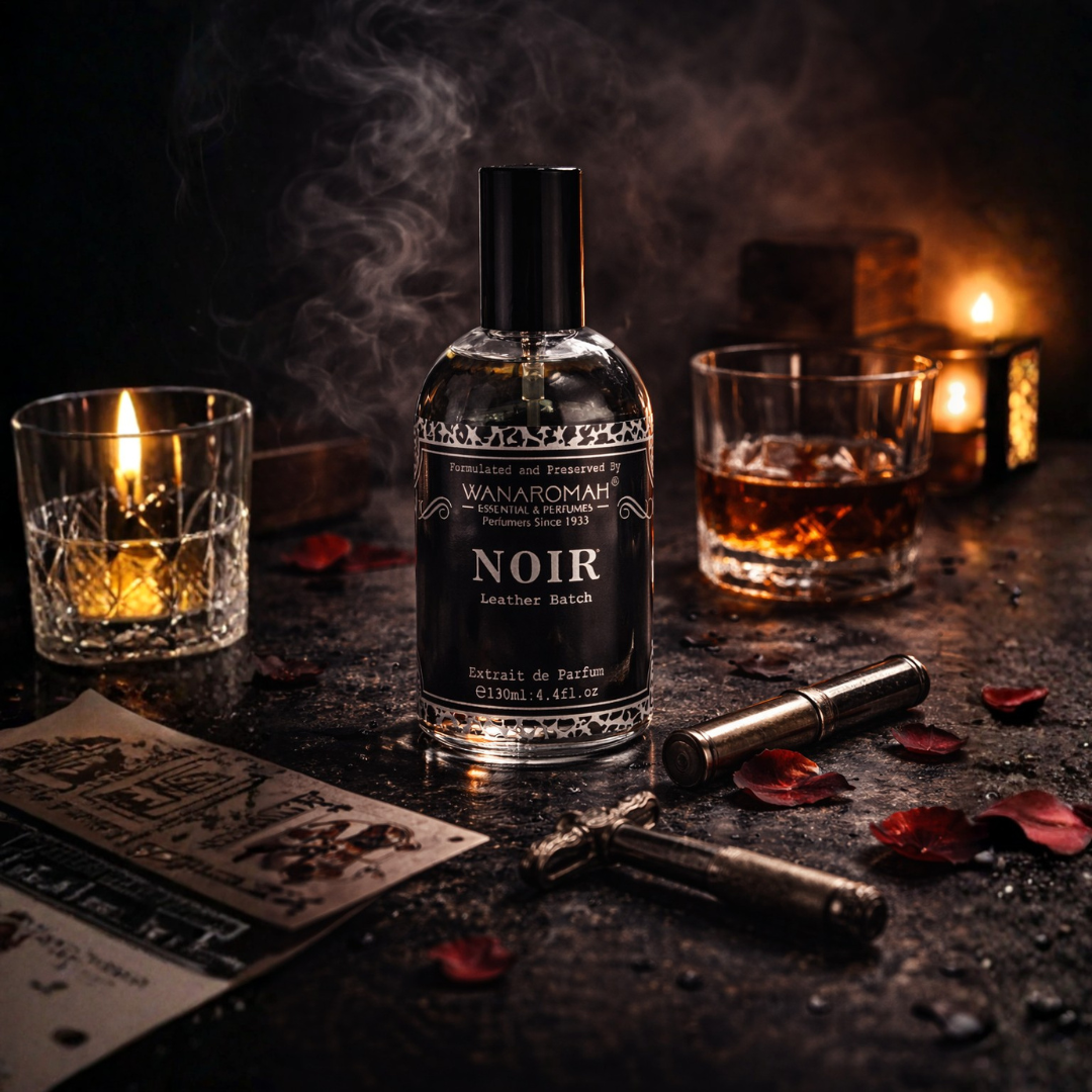 Bottle of 'Noir' perfume with smoking ambiance and candles on a dark surface